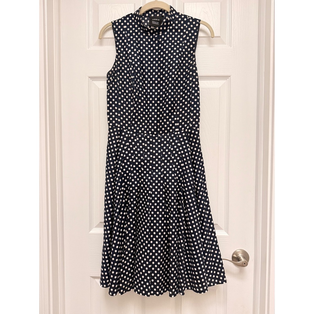 Akris Bergdorf Goodman Navy White Polka Dot Mock Neck Pleated Cotton Dress US 6